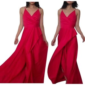 Vintage 70s Red Wrap A-Line V- Neck Maxi Slip Dress Size S